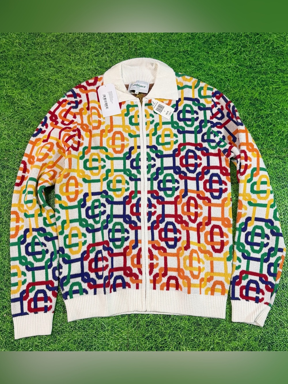 New CASABLANCA Men's Multicolor Monogram Knit Zip Sweater Size Small